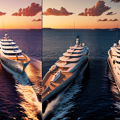 AI generated: 2 two white supersized yachts in St. Tropez sunrise, One yacht has painted title: WORK HARD, another...