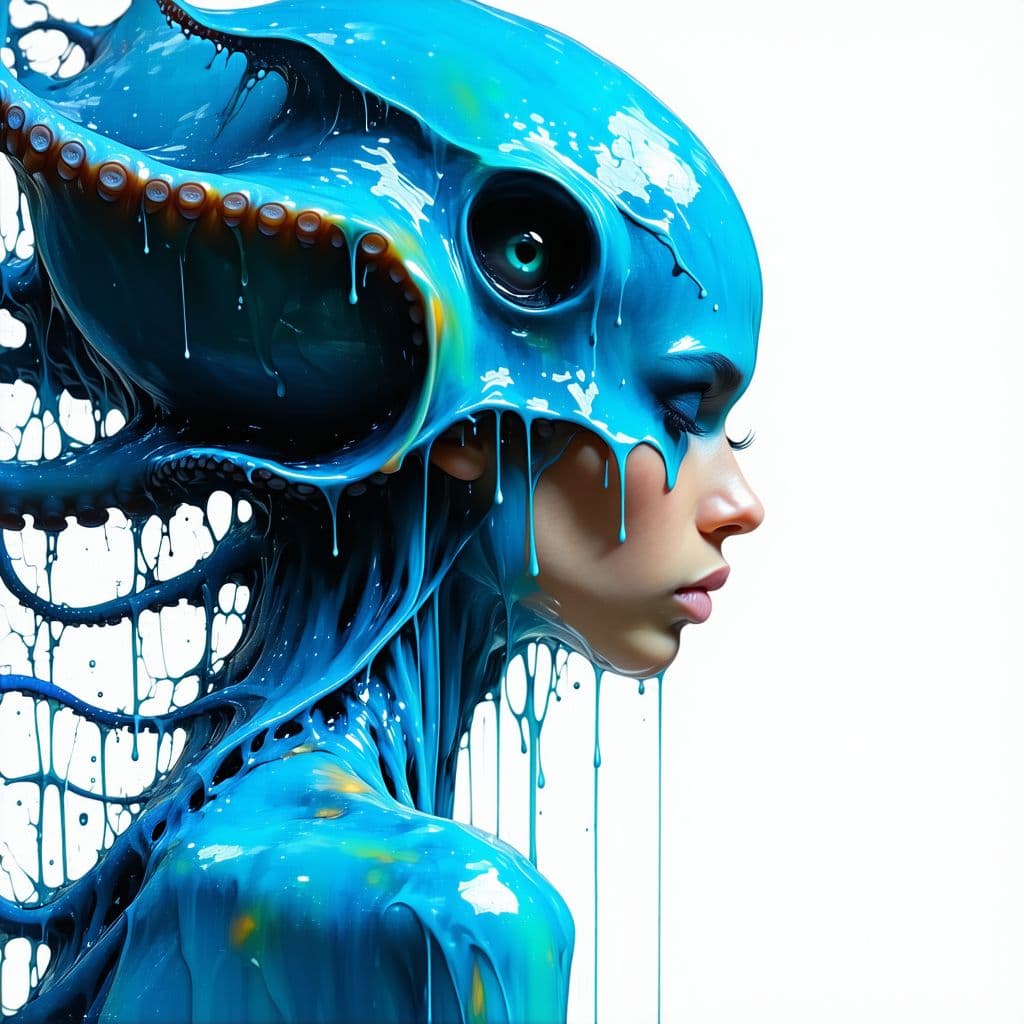 AI generated: art deco girl with an octopus like head with paint free flowing from her hair, in the style of expre...