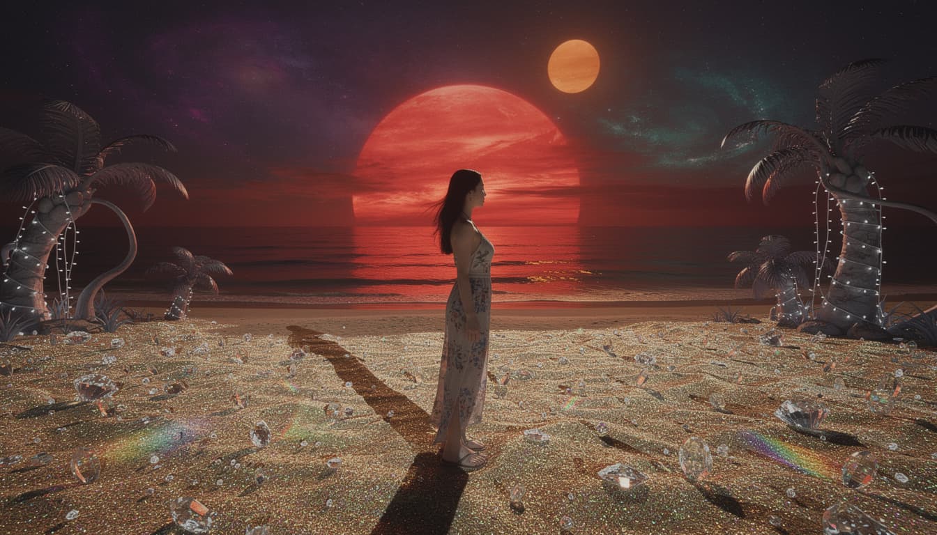 AI generated: A beautiful raven haired Korean woman wearing a form-fitting summer halter dress and sandals stands ...