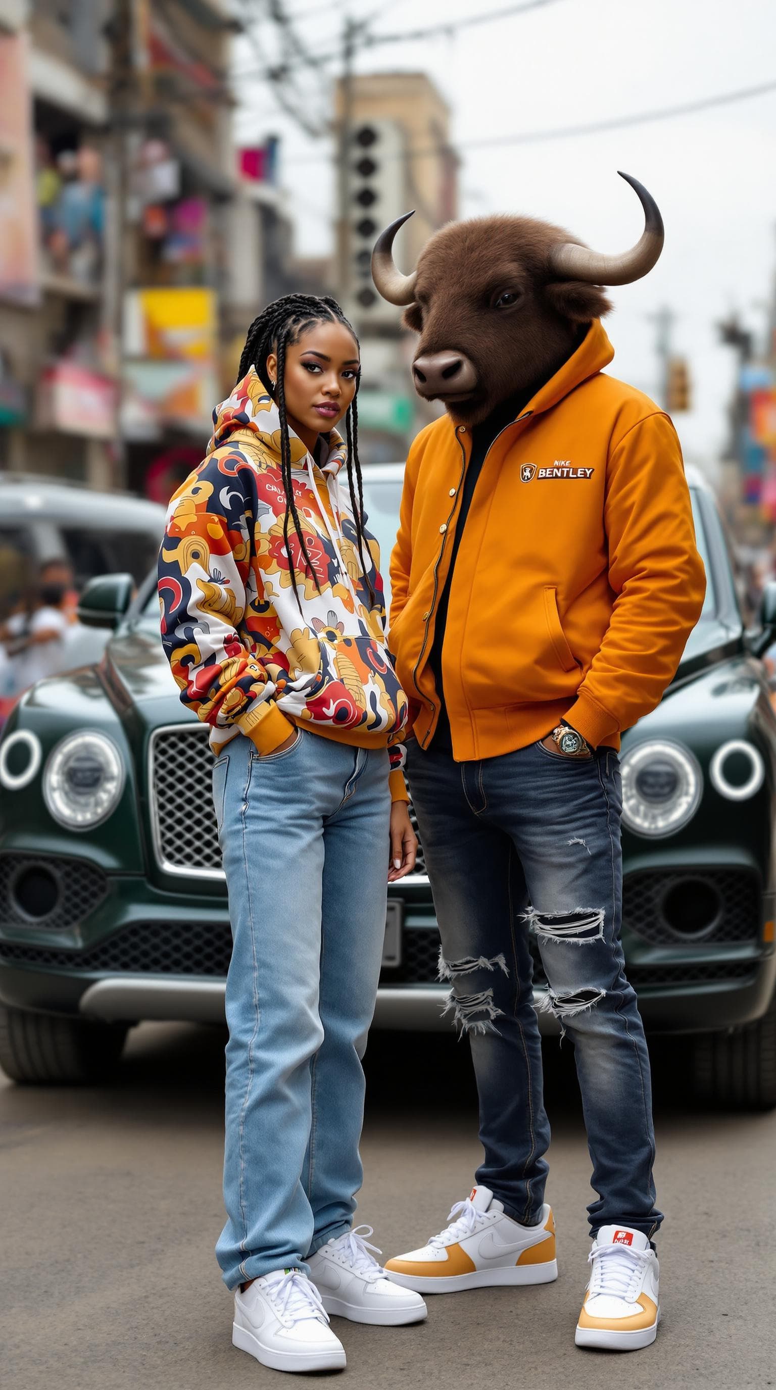 AI generated: A confident woman with braided hair, wearing a Maki Oh Ankara-print hoodie, tailored jeans, and bold...