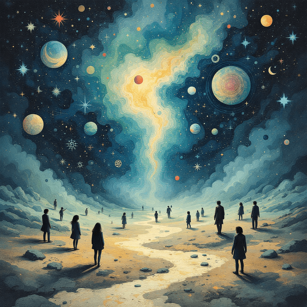 AI generated: A fantasy world where emotions are abstract symbols that interact, connect, and then move away in a ...