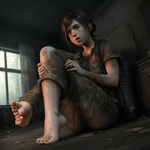 AI generated: Ellie from The Last of Us barefoot and sucking one of her toes, Unreal Engine 5.
