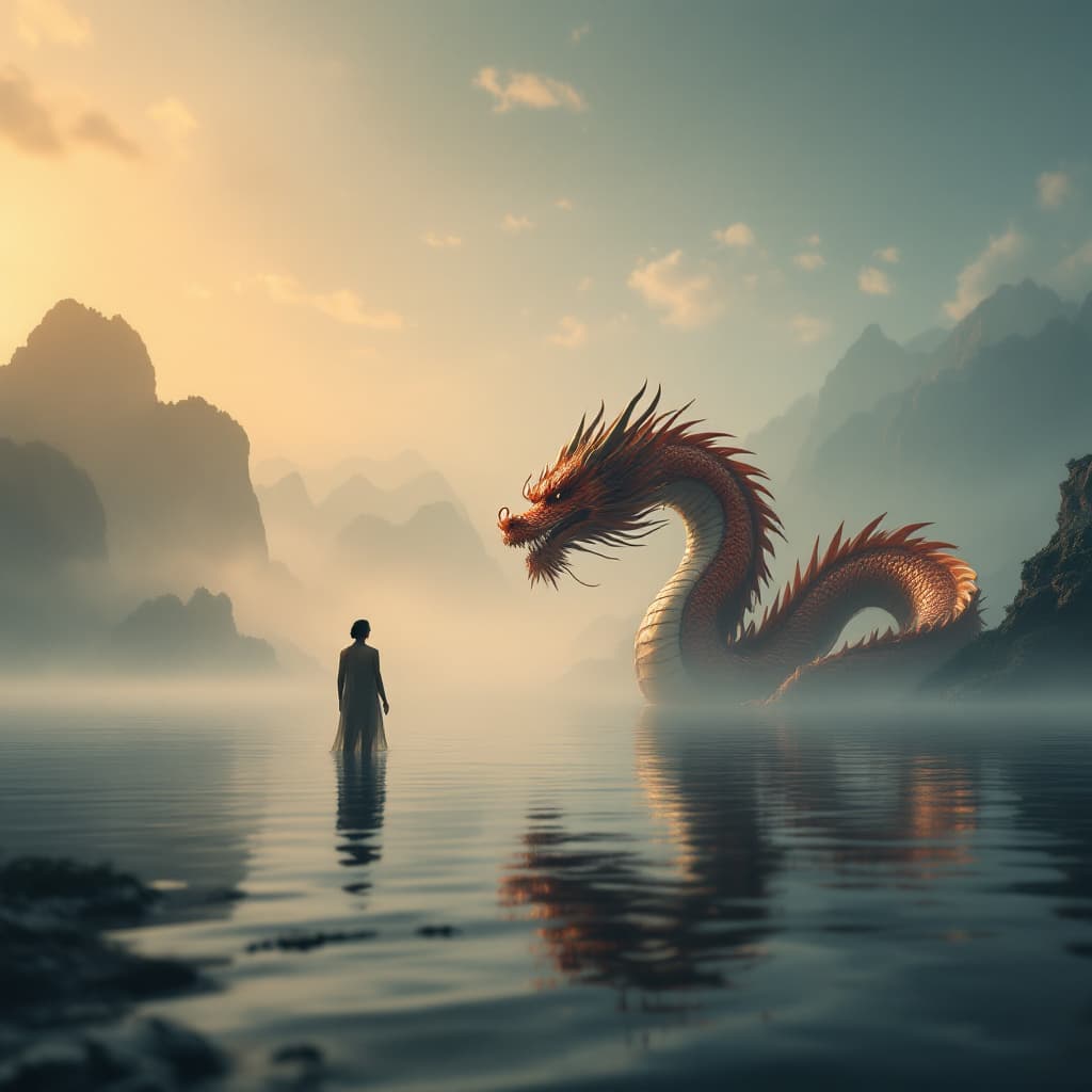 AI generated: a full wide photo shot of a person standing in the water next to a Chinese dragon, in the style of f...