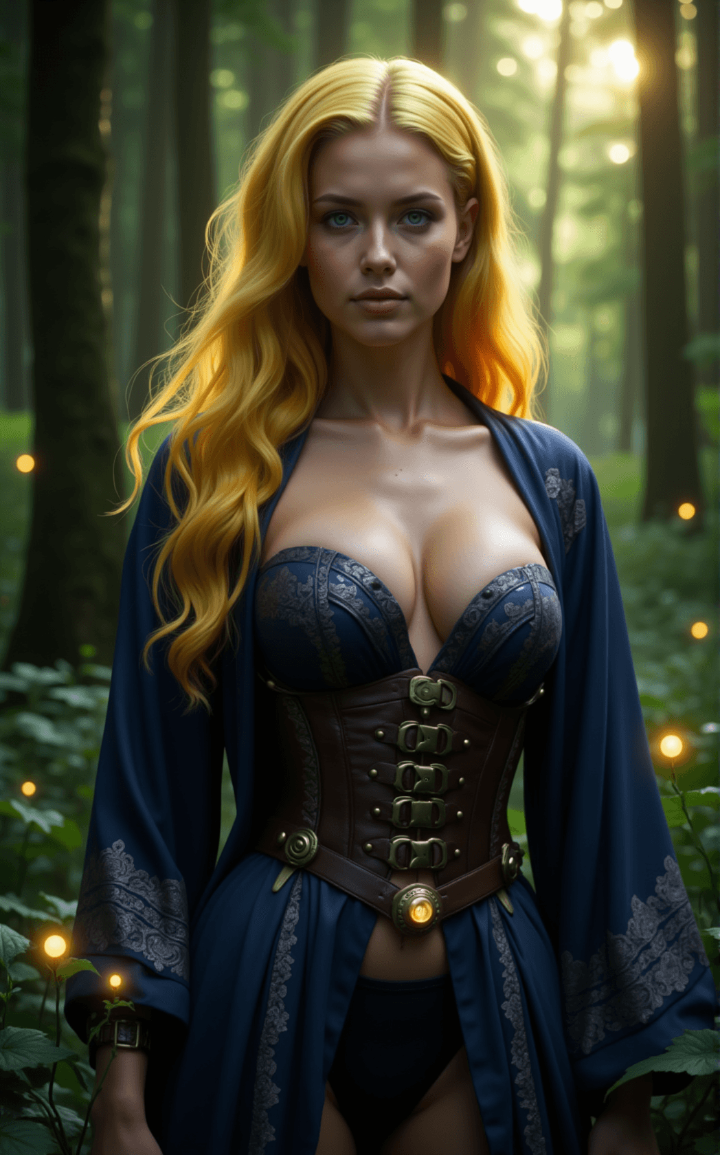 AI generated: A digital drawing of a wizard woman stands prominently in a lush, verdant forest, masterfully render...