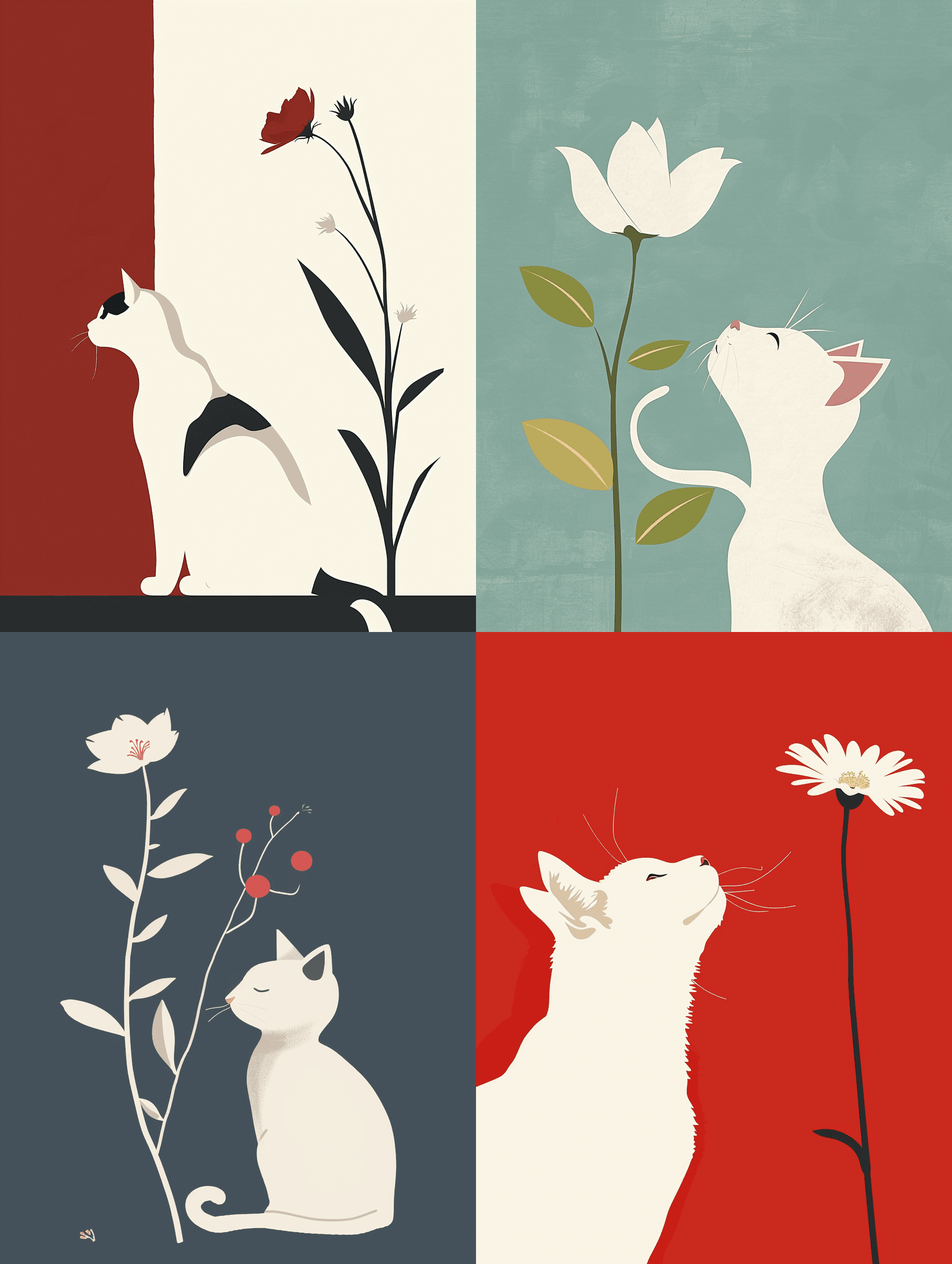 AI generated: white Cat and flower in a Takeshi Kitano style, in a minimalist and humorous setting, simple and str...
