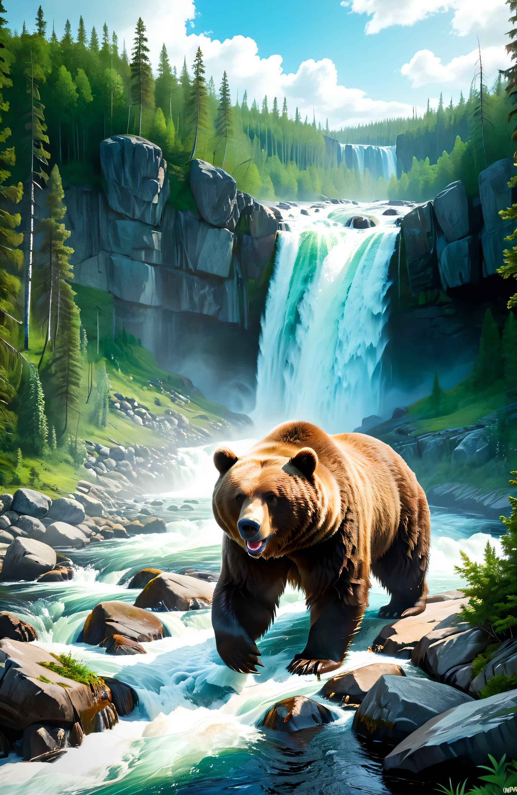 AI generated: action packed, Masterpiece, best quality, (summer:1. 2), a portret of (russian bear:1. 4), (the most...