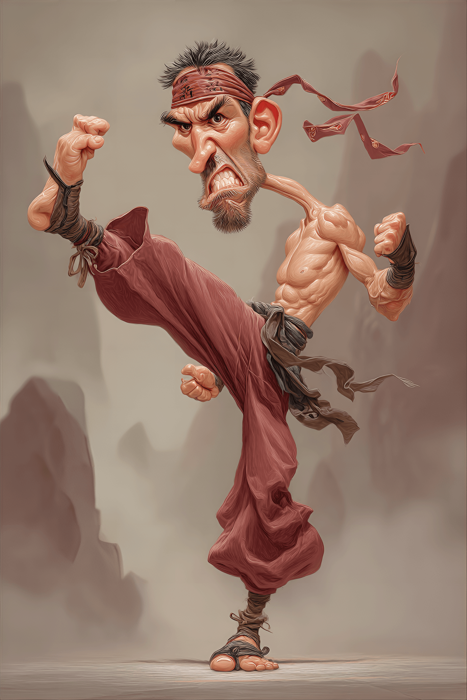 AI generated: funny caricature, exaggerated martial artist, male, 40 years old, flexible, energetic, intense, impo...