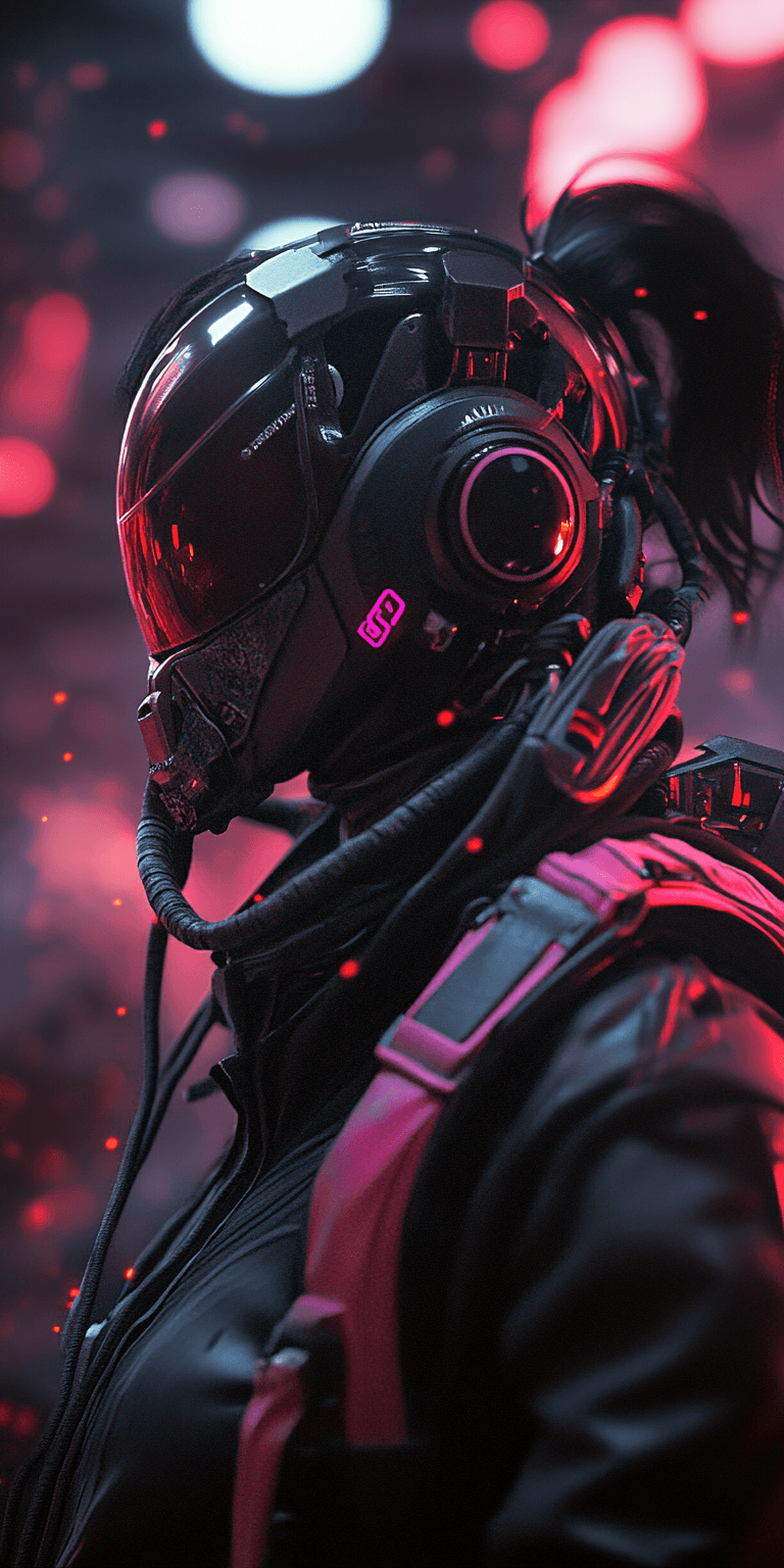 AI generated: Close-up of a futuristic female figure. 


The figure wears a sleek, black helmet-like headgear w...