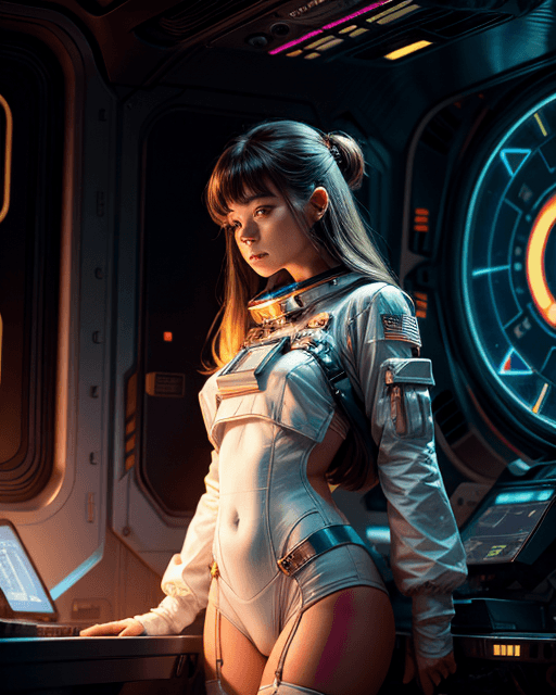 AI generated: far view wide angle shot of an uniform astronaut girl, inside spaceship command room viewing galaxy,...