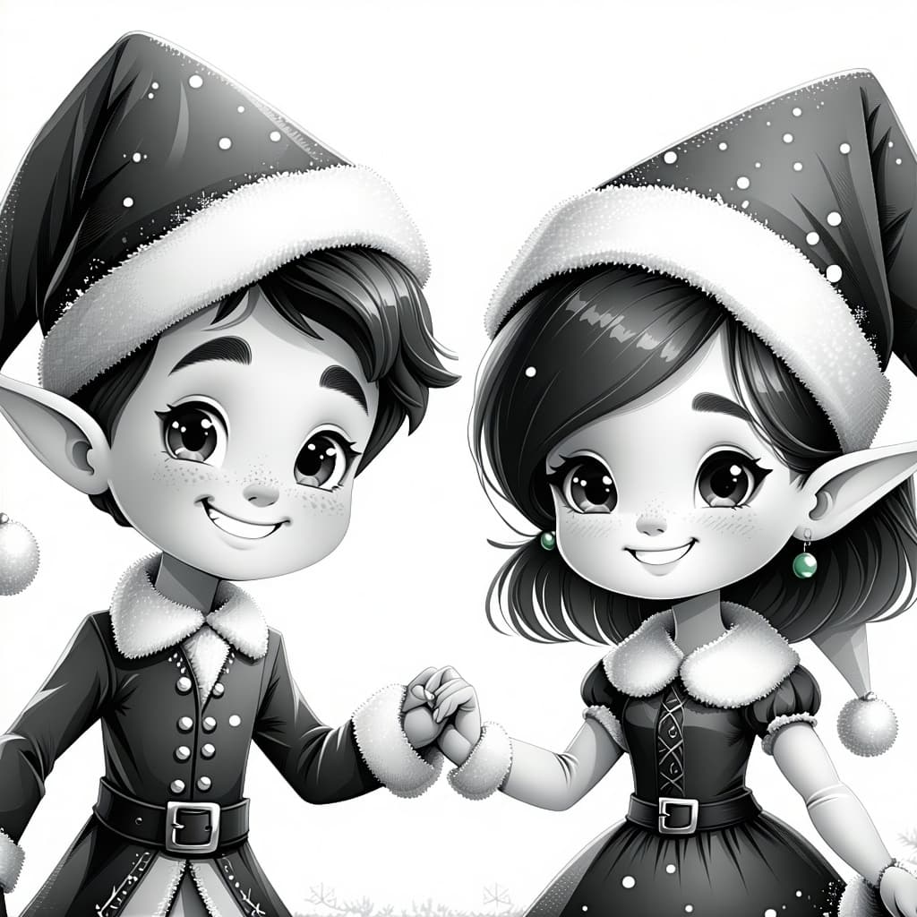 AI generated: Create an image of two young, gleeful Christmas elves with human facial features, one male and one f...
