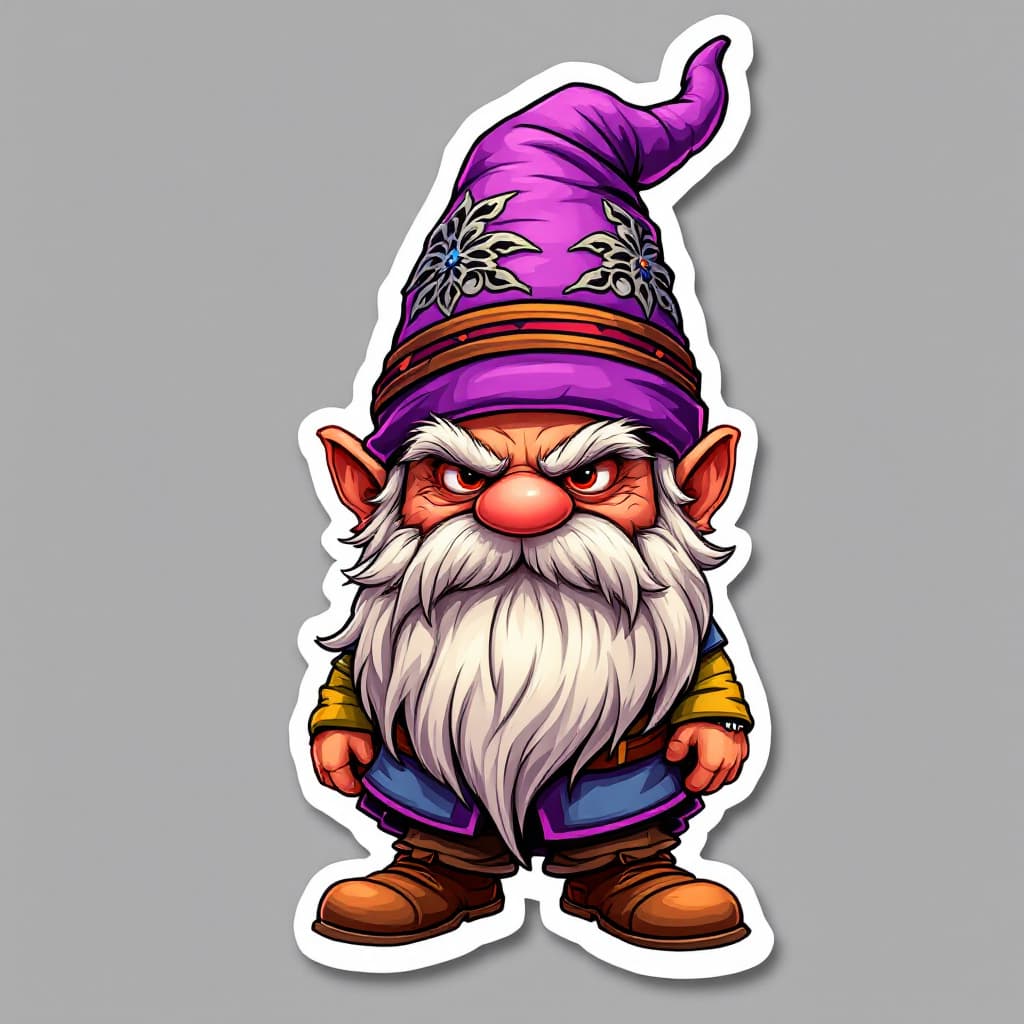 AI generated: A highly detailed full-body cartoon sticker of a whimsical gnome character. The gnome is wearing a v...