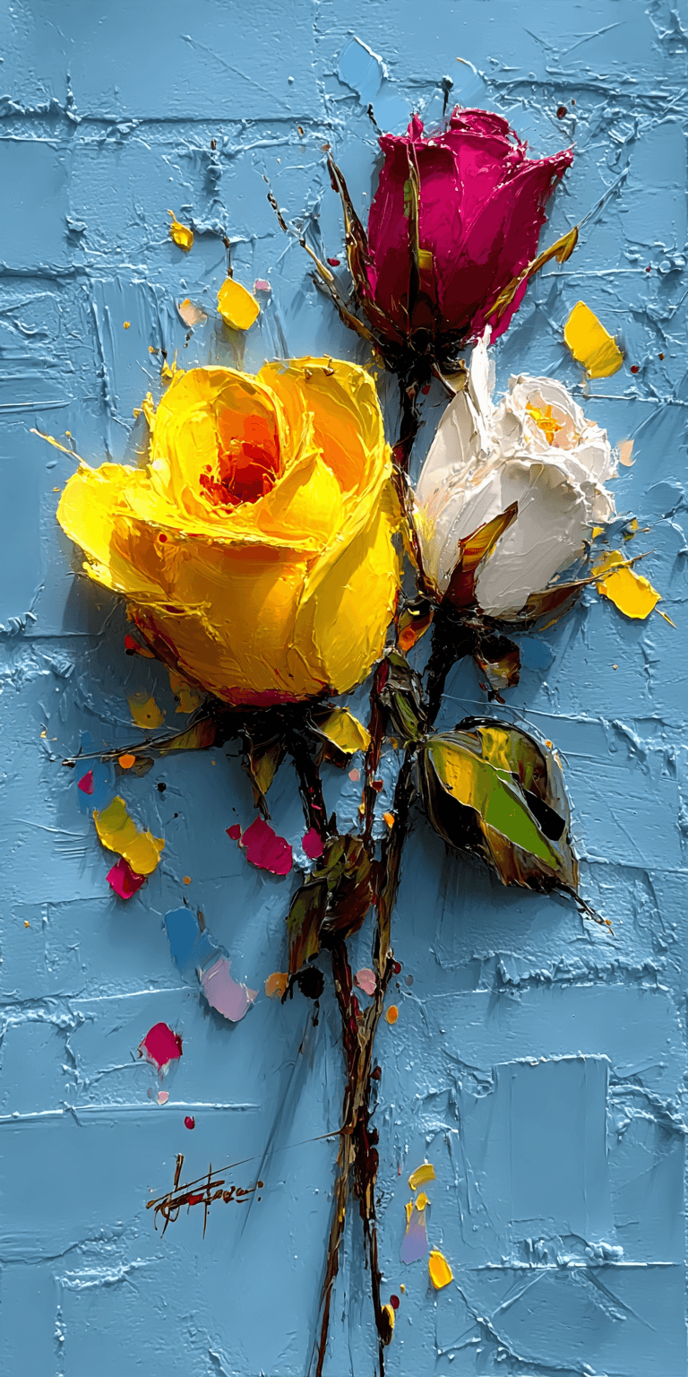 AI generated: roses painted with a palette knife, impasto --chaos 75 --ar 1:2 --profile n19tbh9 --stylize 750