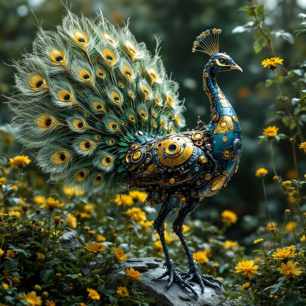 AI generated: steampunk style Peacock. garden ((full-body-shot) ), microscope photo of a science folklore nano-pho...