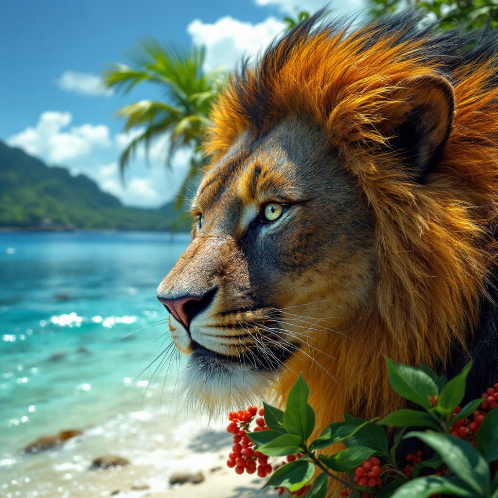 AI generated: generate a unique image, Caribbean, jungle, and rare animals. 8k, HDR, --chaos 10 --ar 9:16 --styliz...