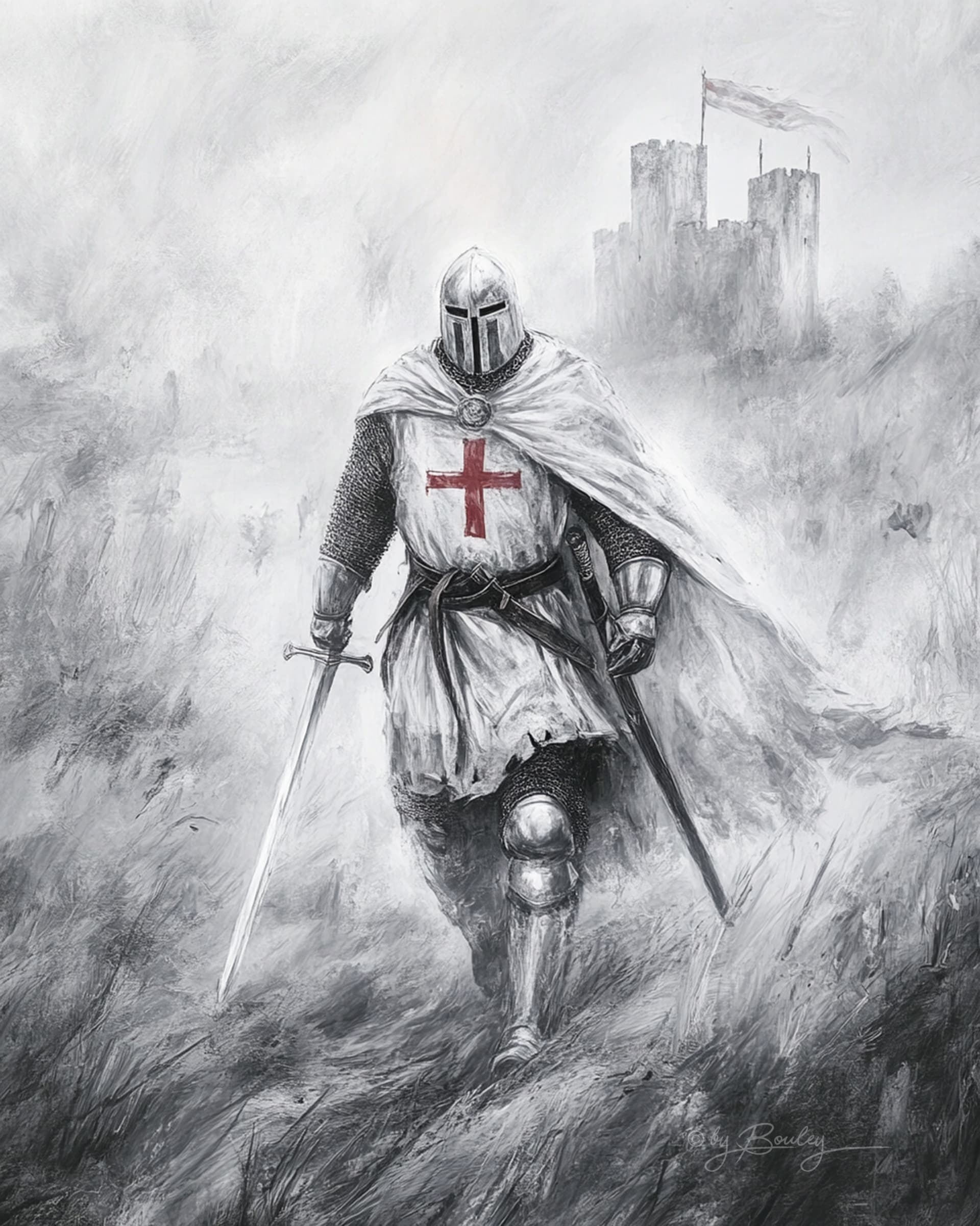 AI generated: knight templar, ultra realistic, wallpaper, black and white, Red cross, landscape --ar 4:5 --p arnjx...