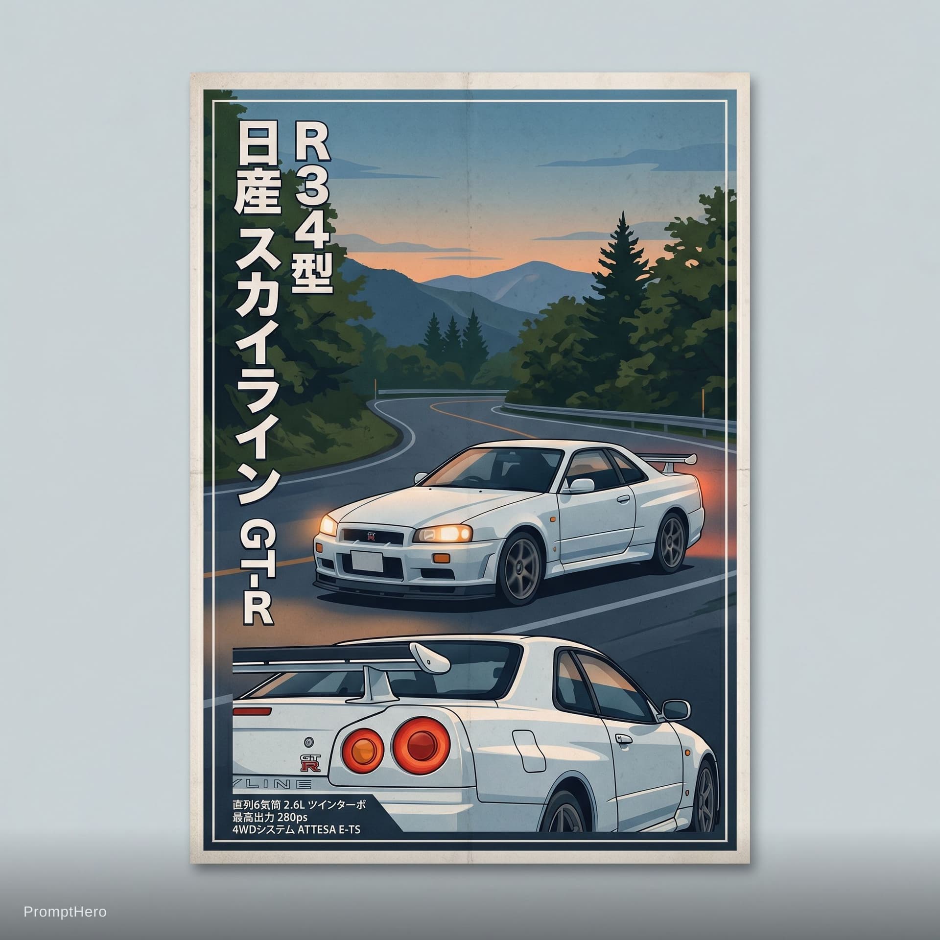 AI generated: Left side japnese name of car bottom left detail of car and printable poster

