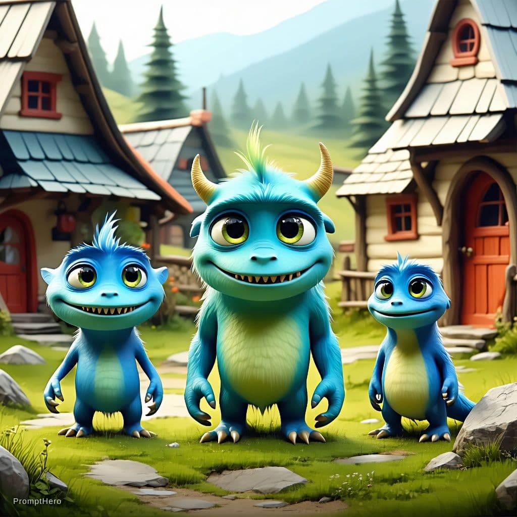 AI generated: cute monster family visiting a village, highly realistic, realistic portrait, anatomically correct, ...