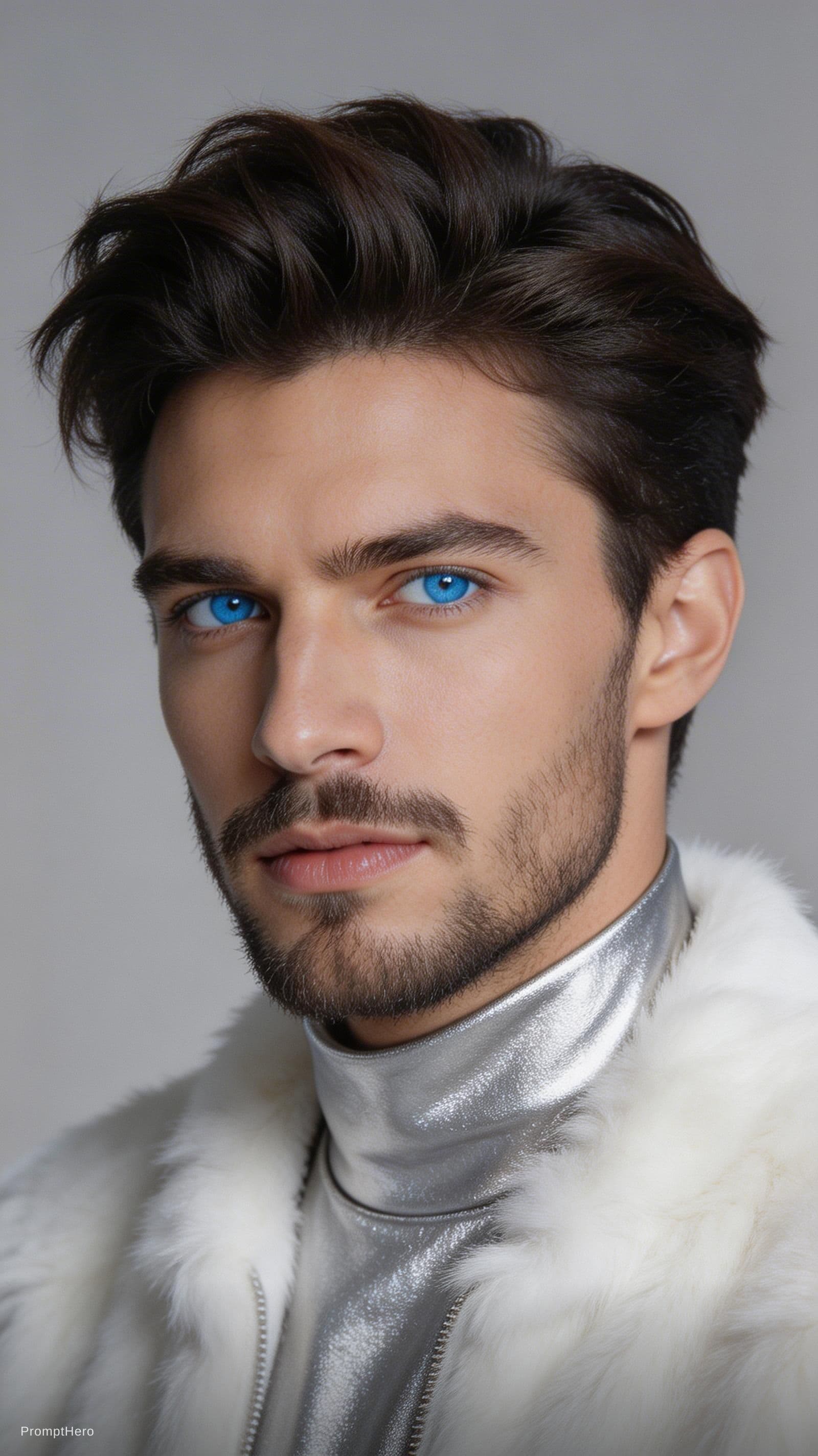 AI generated: A highly detailed and realistic portrait of a young man with striking icy blue eyes and platinum blo...