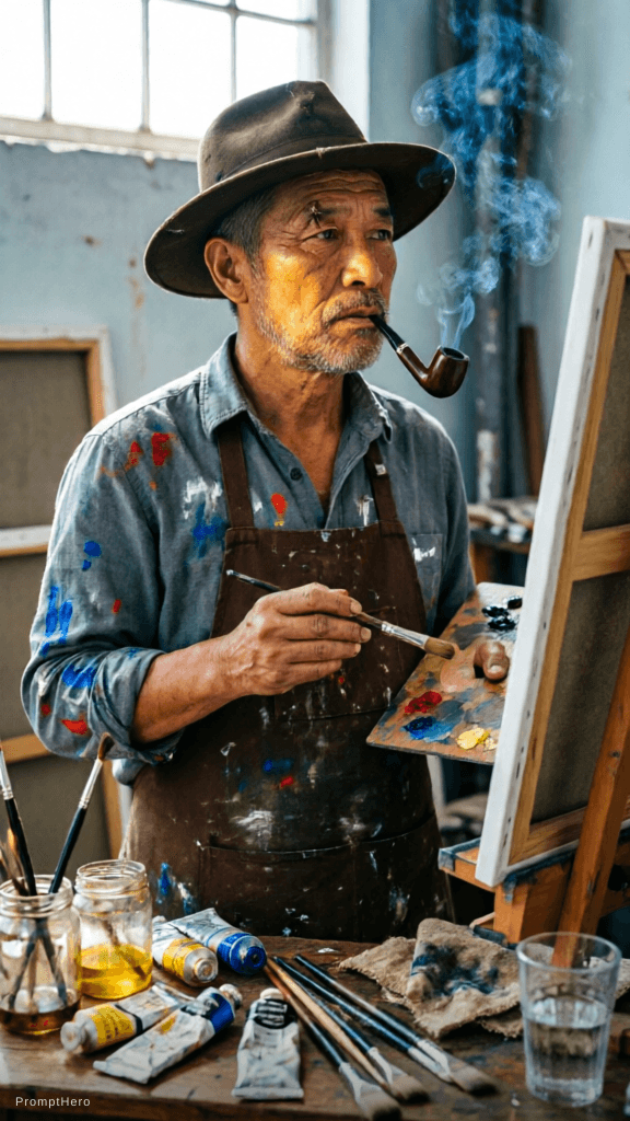 AI generated: ultra realistic cinematic documentary portrait of a rugged exhausted middle-aged male painter in a m...