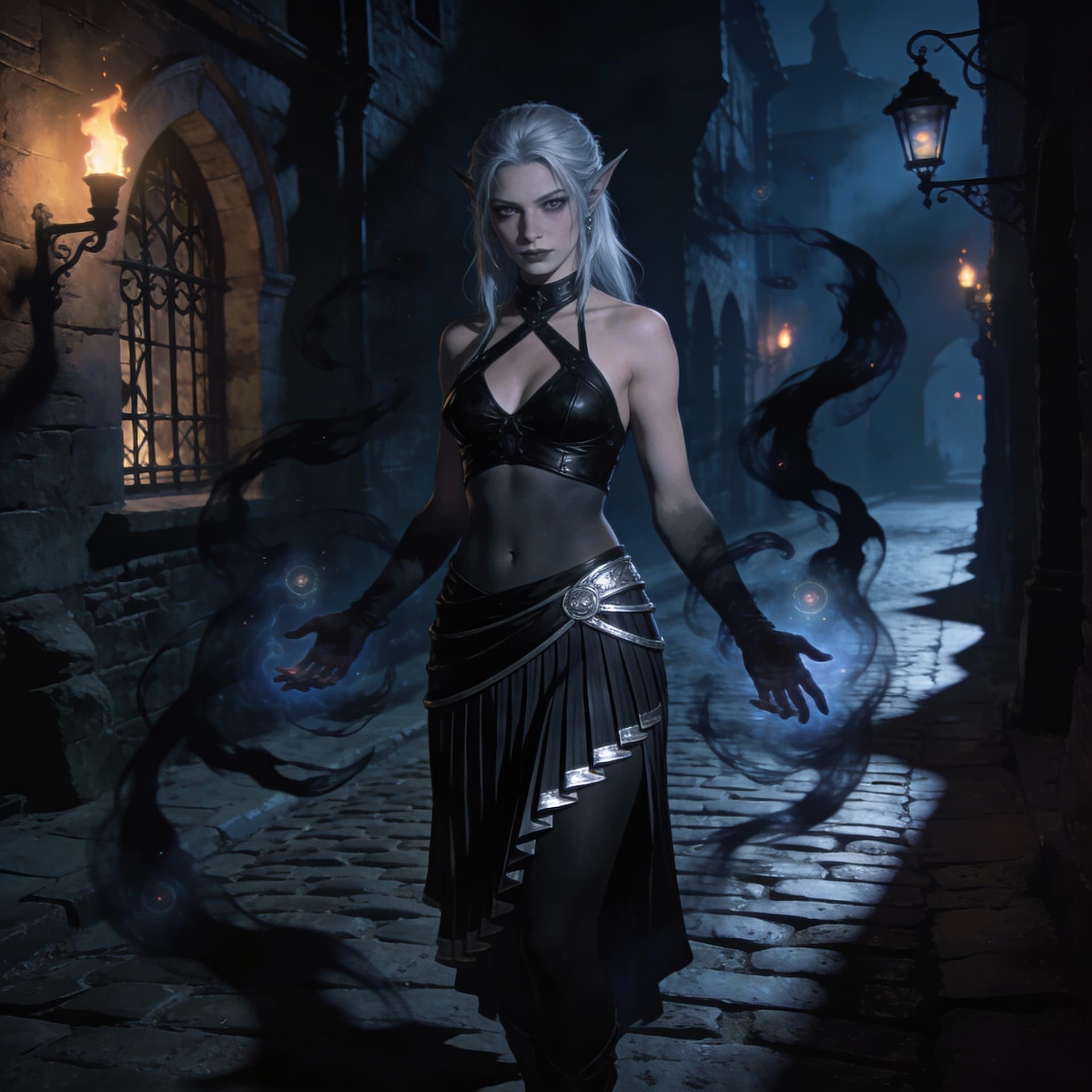 AI generated: fantasy character, female drow dark elf, wearing black leather halter top and roman skirt, with shad...