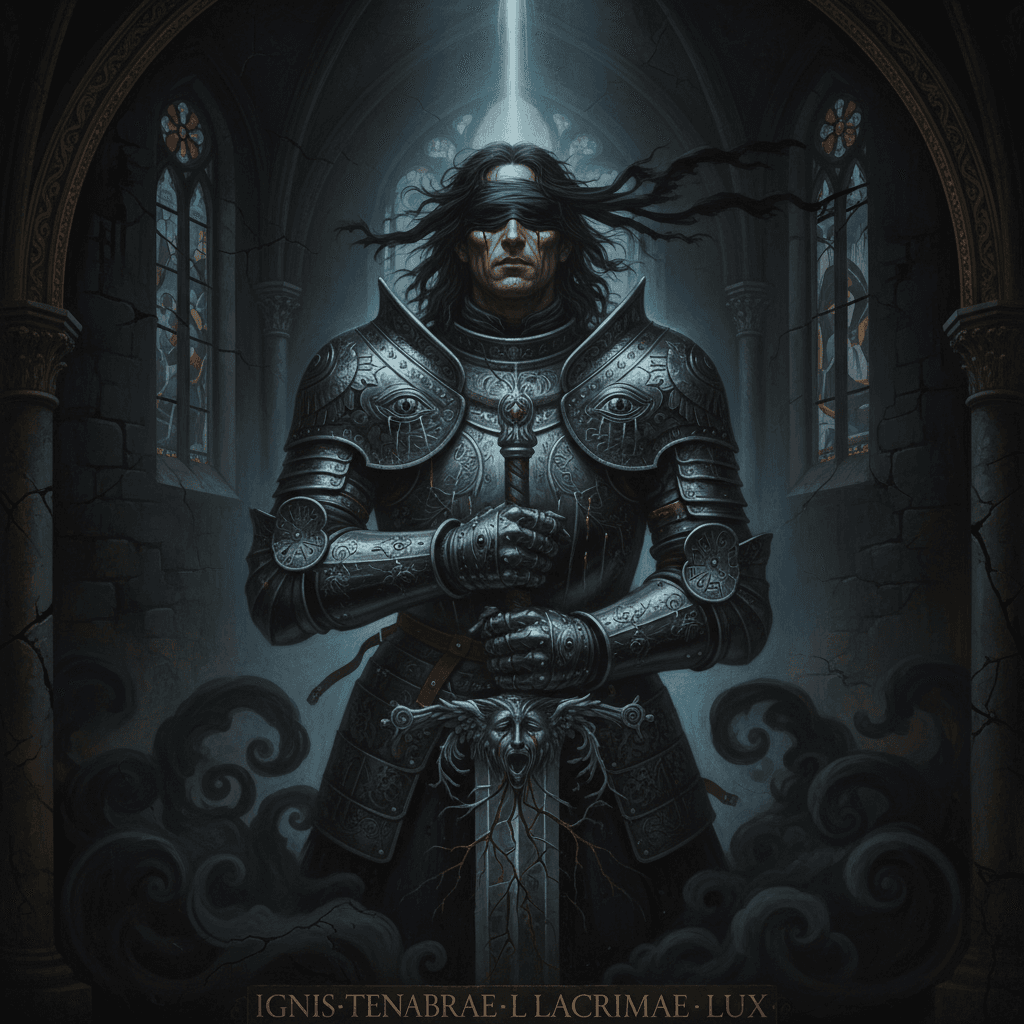AI generated: A blind knight in ornate, dark silver armor, engraved with mournful patterns and occult sigils. His ...