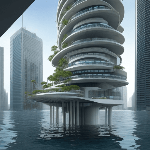 AI generated: architecture, water co-habitation, design, futuristic, rising sea levels, conceptual,  level changes...