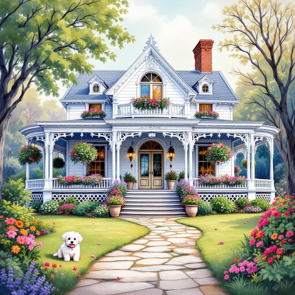 AI generated: A whimsical alcohol ink painting of a gorgeous white ornate farmhouse with a wrap-around porch. In f...