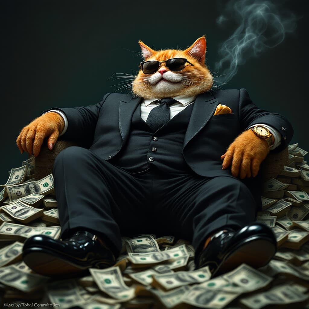 AI generated: A grotesquely fat humanoid cat in a sharp three-piece suit and tie lounges smugly on a mountain of s...