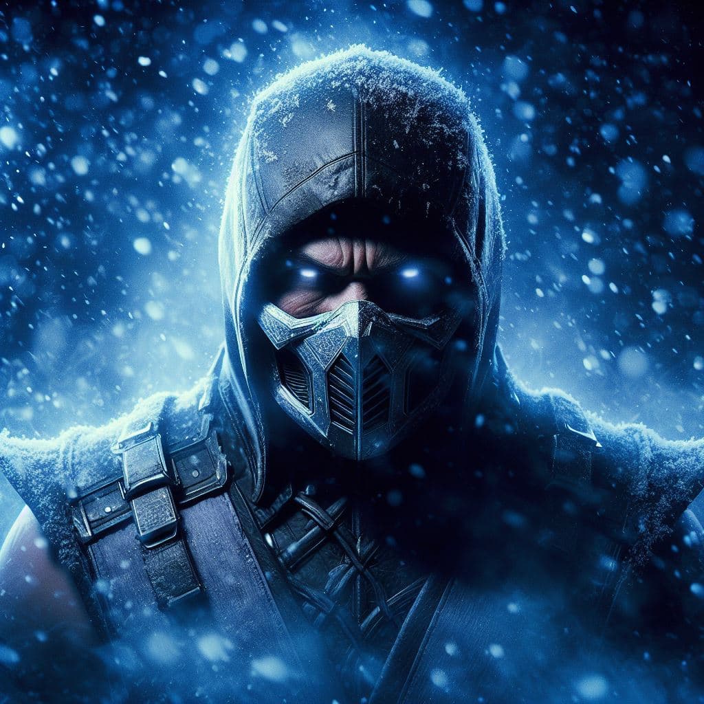 AI generated: Sub-zero from Mortal Kombat 11 is surrounded by an intense winter environment, with snowflakes falli...