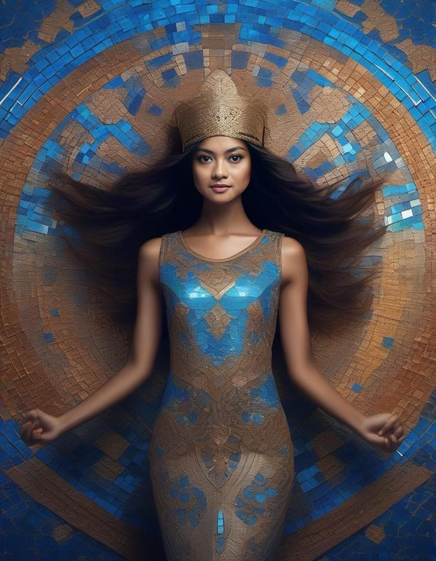 AI generated: the girl has blue eyes, and a lot of mosaic tiles, detailed, intricate, full color, beautiful, cinem...