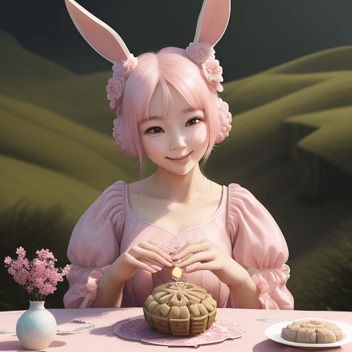 AI generated: Mooncake, A smiling cute girl wears a light pink dress made of mooncake as she lays on a hill, with ...