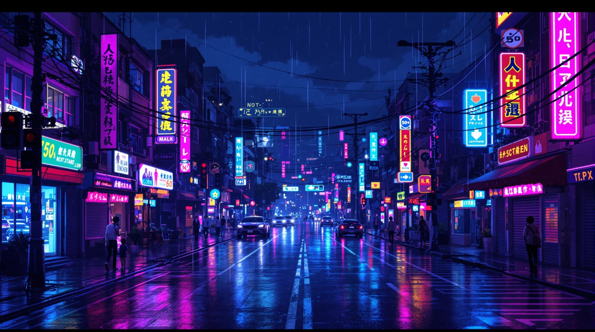 AI generated: Street of the 80s. At night. A lot of neon. Without people. No cars. Rain. Pixel Art Style 