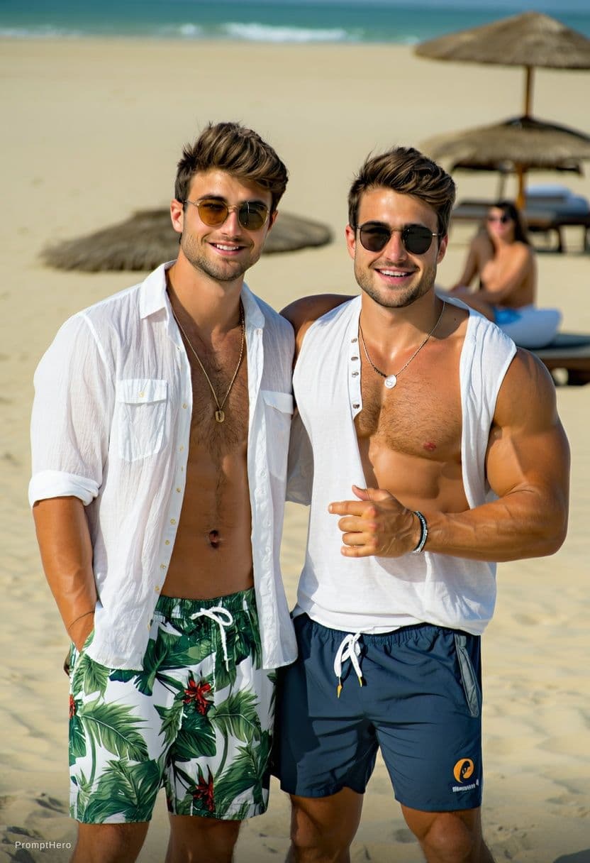 AI generated: Both wearing mini briefs on the beach 