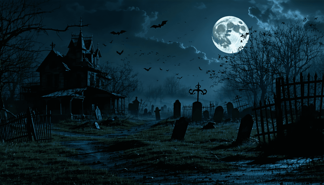 AI generated: generate a nighttime image of a spooky backdrop for a diorama. The scene should be high contrast wit...