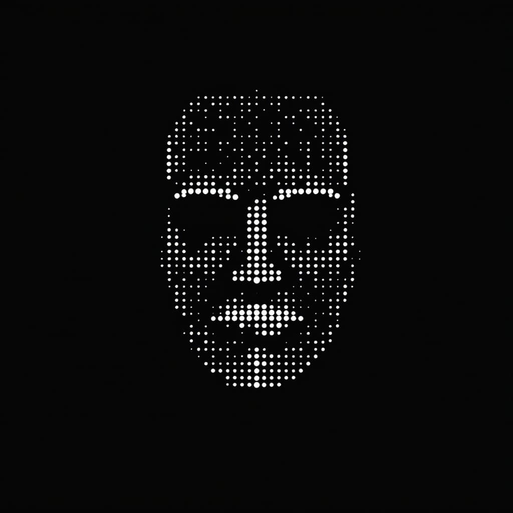 AI generated: a simple white dotted dots forming the shape of an man face, flat design, vector illustration, on bl...