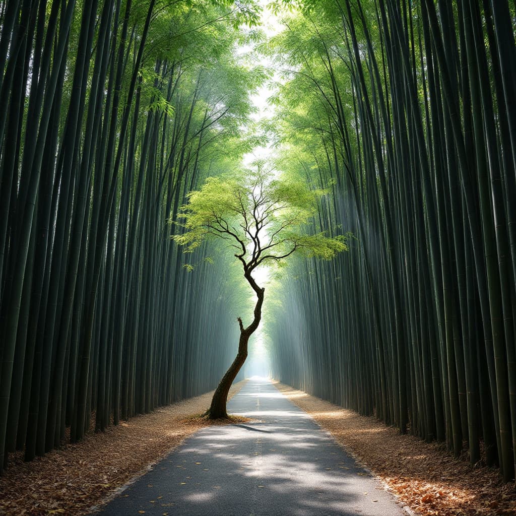 AI generated: Bamboo forest, tall bamboo trees towering above the sky on both sides of an empty path in Arashiyama...