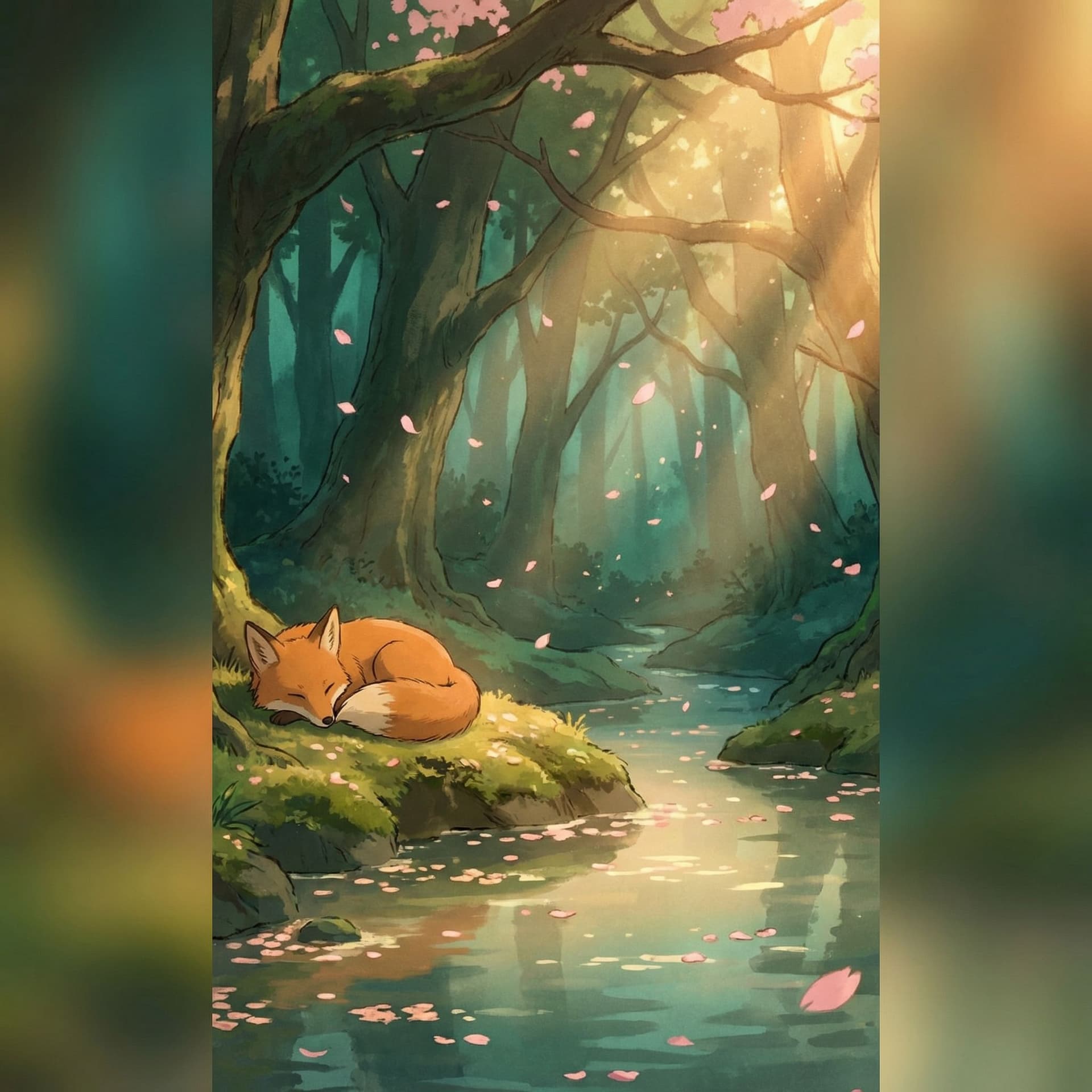 AI generated: A tranquil cinematic anime scene of a fox resting beside a forest stream, warm golden light filterin...