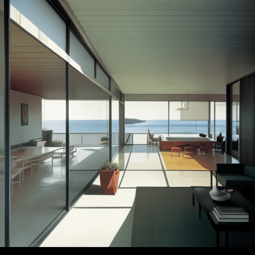 AI generated: Hyper-realistic eye-level exterior photo of a mid-century modern style house overlooking the ocean, ...