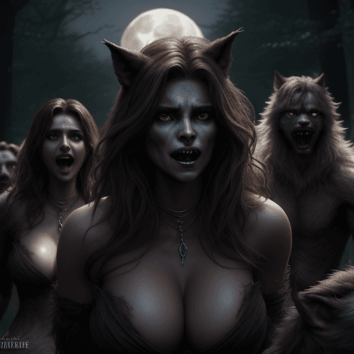 AI generated: A group of werewolves capturing a beautiful woman, ultrarealistic.