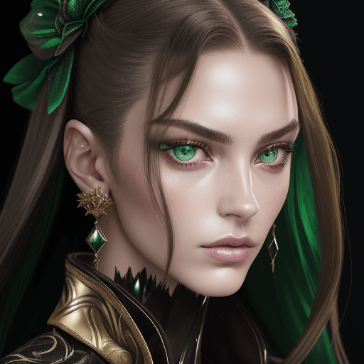 AI generated: Serious female model admiring gaze, close-up portrait, with ling rwd hair and green eyes, looking di...