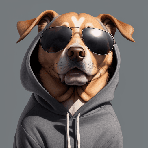 AI generated: "Wild and dignified eyes shining through sunglasses, a dog wearing a gray hoodie, against a dynamic ...