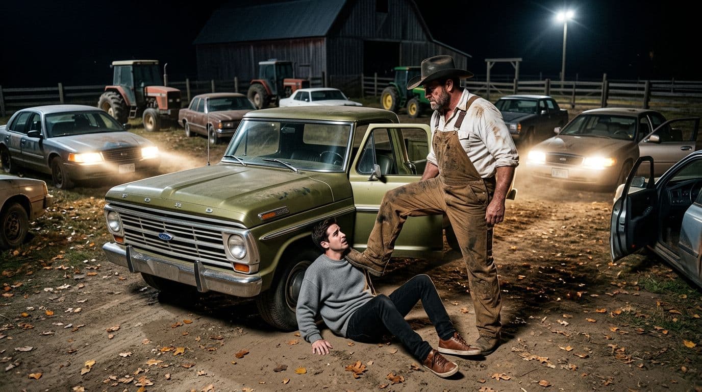 AI generated: In an Autumn night at a ranch. The large vintage olive green Ford pick up truck is parked between ni...