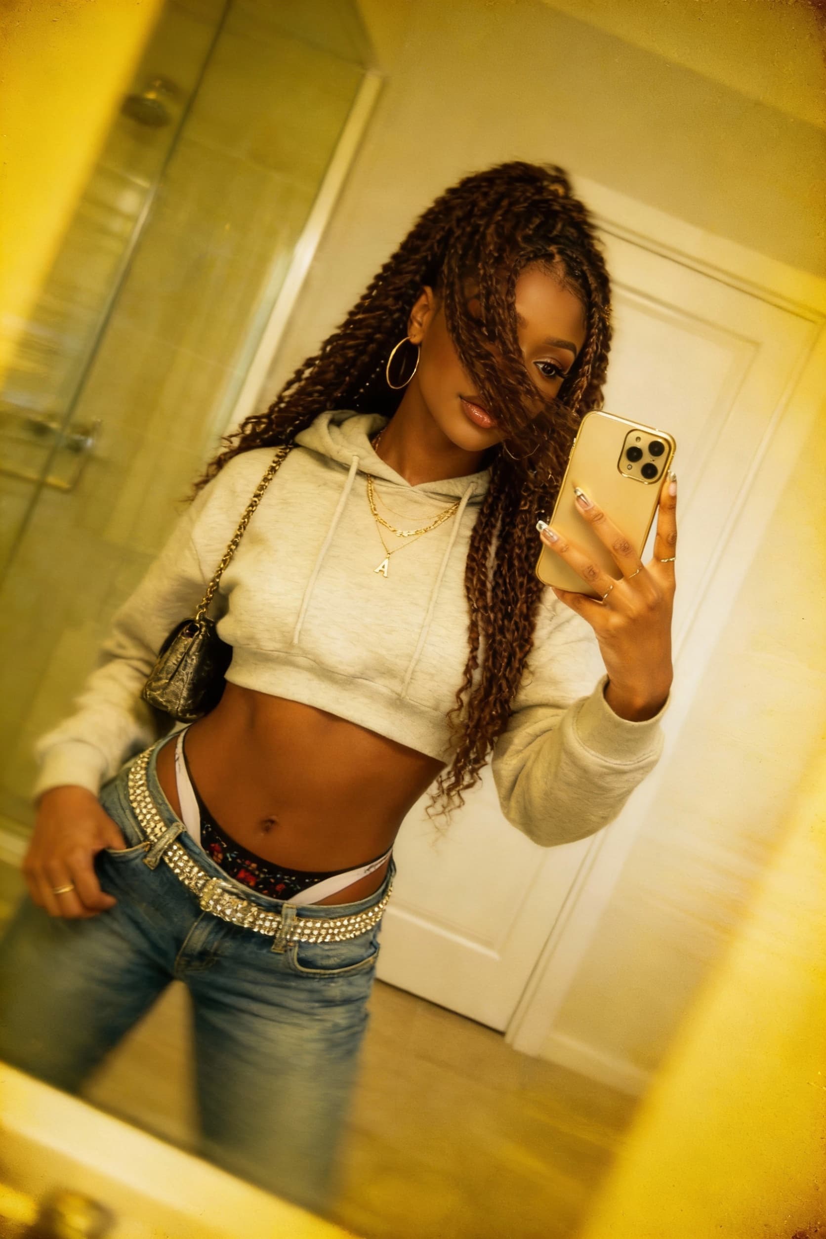 AI generated: a lo-fi 2015s-era, diagonally taken, low-quality iPhone photo of a 20-year-old baddie. The shot is i...
