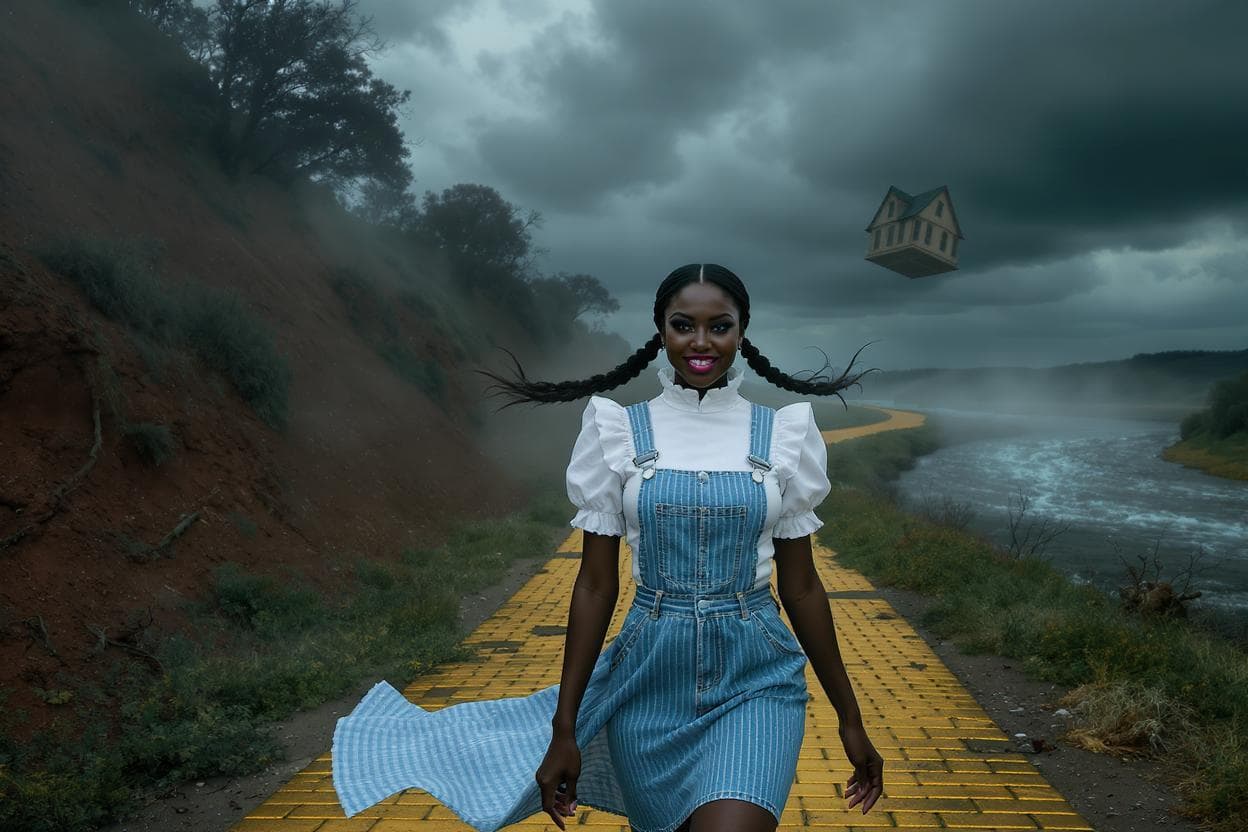 AI generated: In the foreground Dorothy from the Wizard of Oz is standing on a path through an eerie, desolate lan...