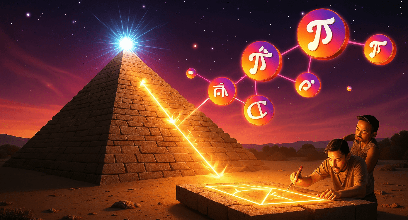 AI generated: Close-up of pyramid apex aligning perfectly with the North Star. Ancient mathematicians drawing Gold...
