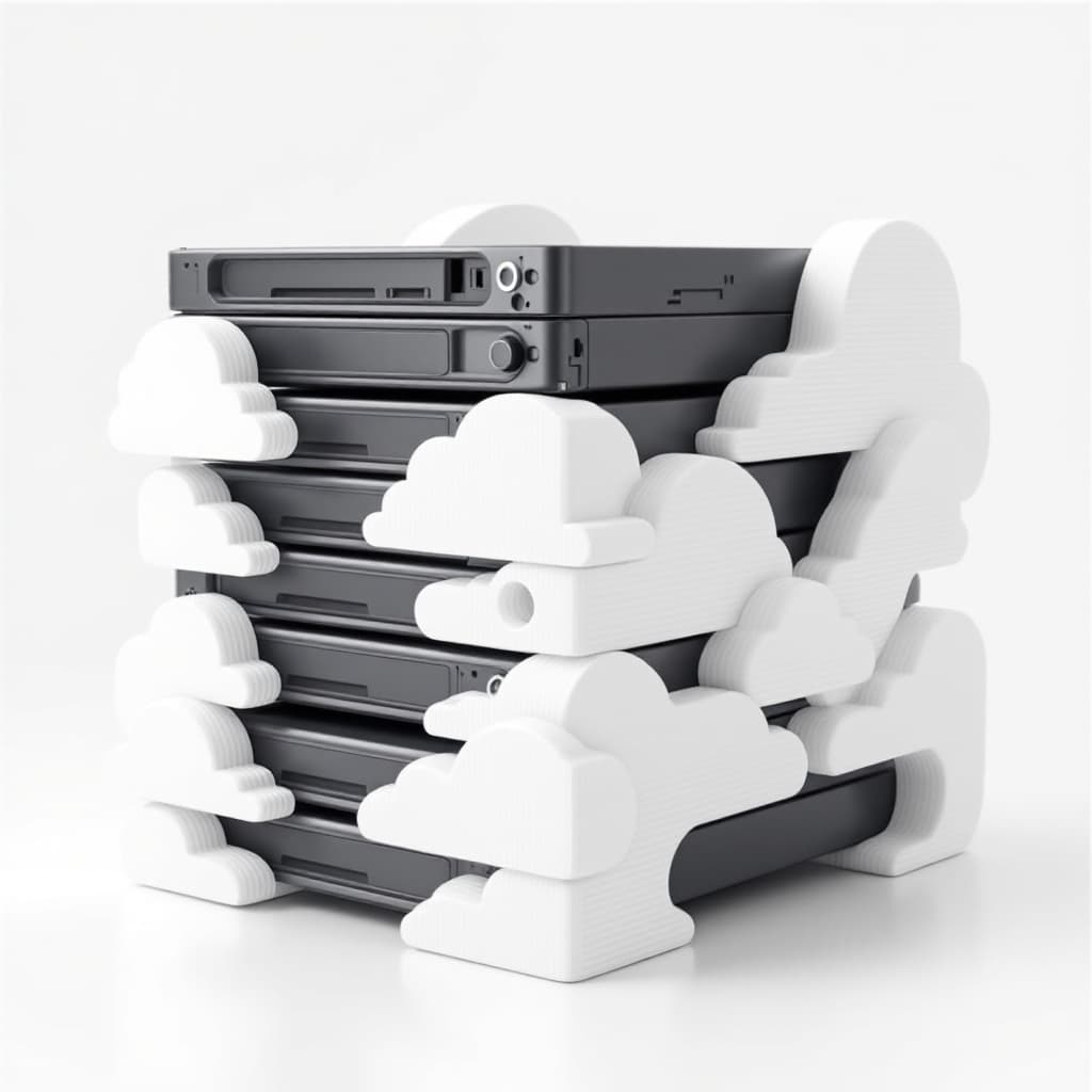 AI generated: A 3d printed Hard drive rack for external HDDs, white with cloud shapes flowing into each other on t...