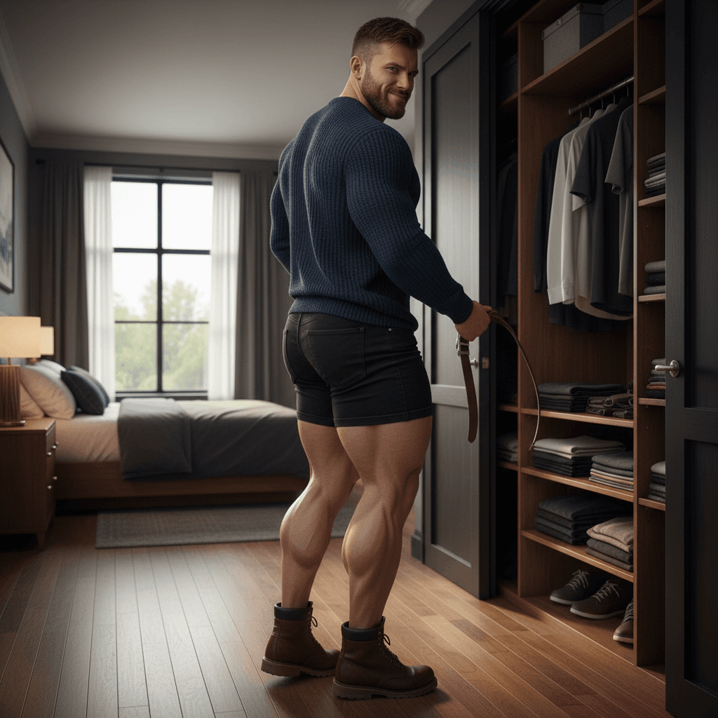 AI generated:  At a large bedroom. The model is a bodybuilder, he has muscular shoulders, and huge muscular legs. ...