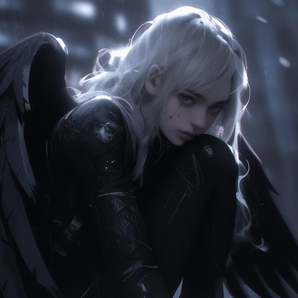 AI generated: Female, angel wings, tight latex suit, blond hair, dusk, Krysten Ritter goth black bangs dark makeup...