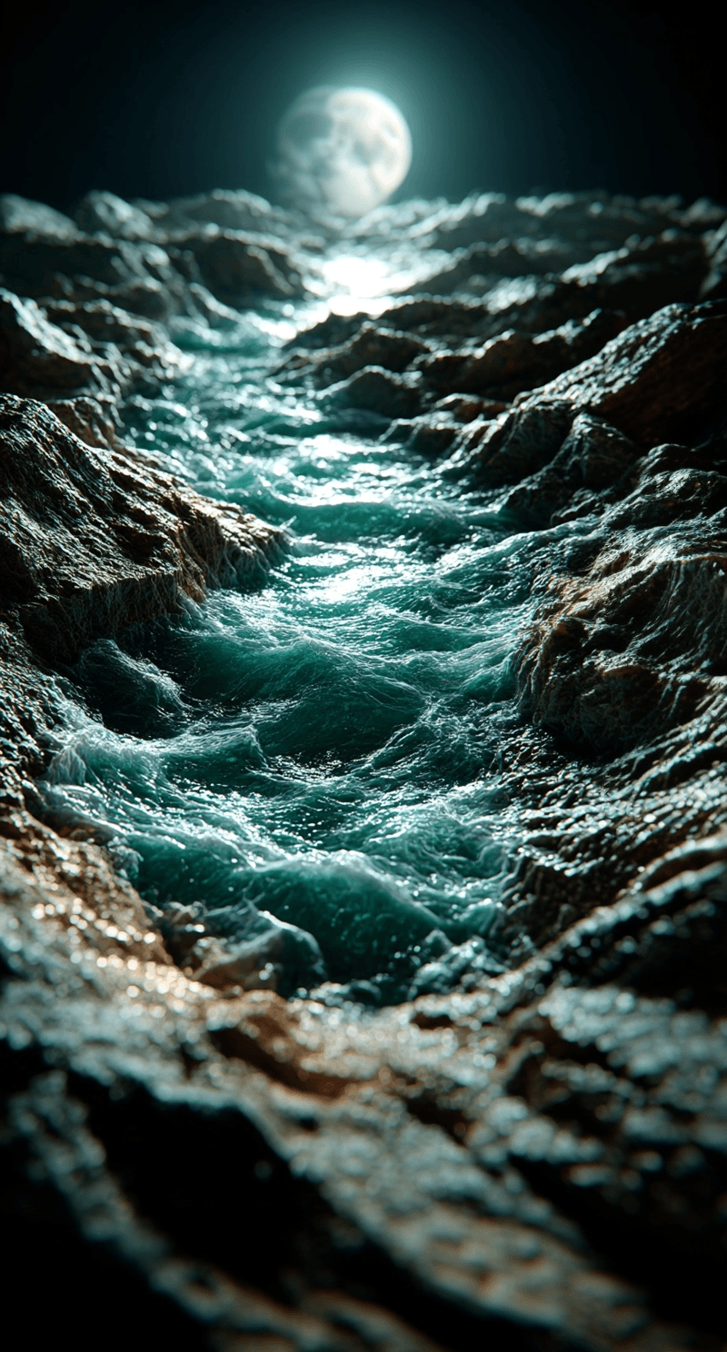AI generated: The moon shines on the waves in the dark water, rocks, in the style of hyper-realistic style, dark g...