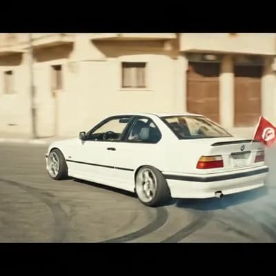 AI generated video: A BMW E36 Drifting in the streets of Tunisia. Tunisia's flag is attached to the rear bump. drone sho...